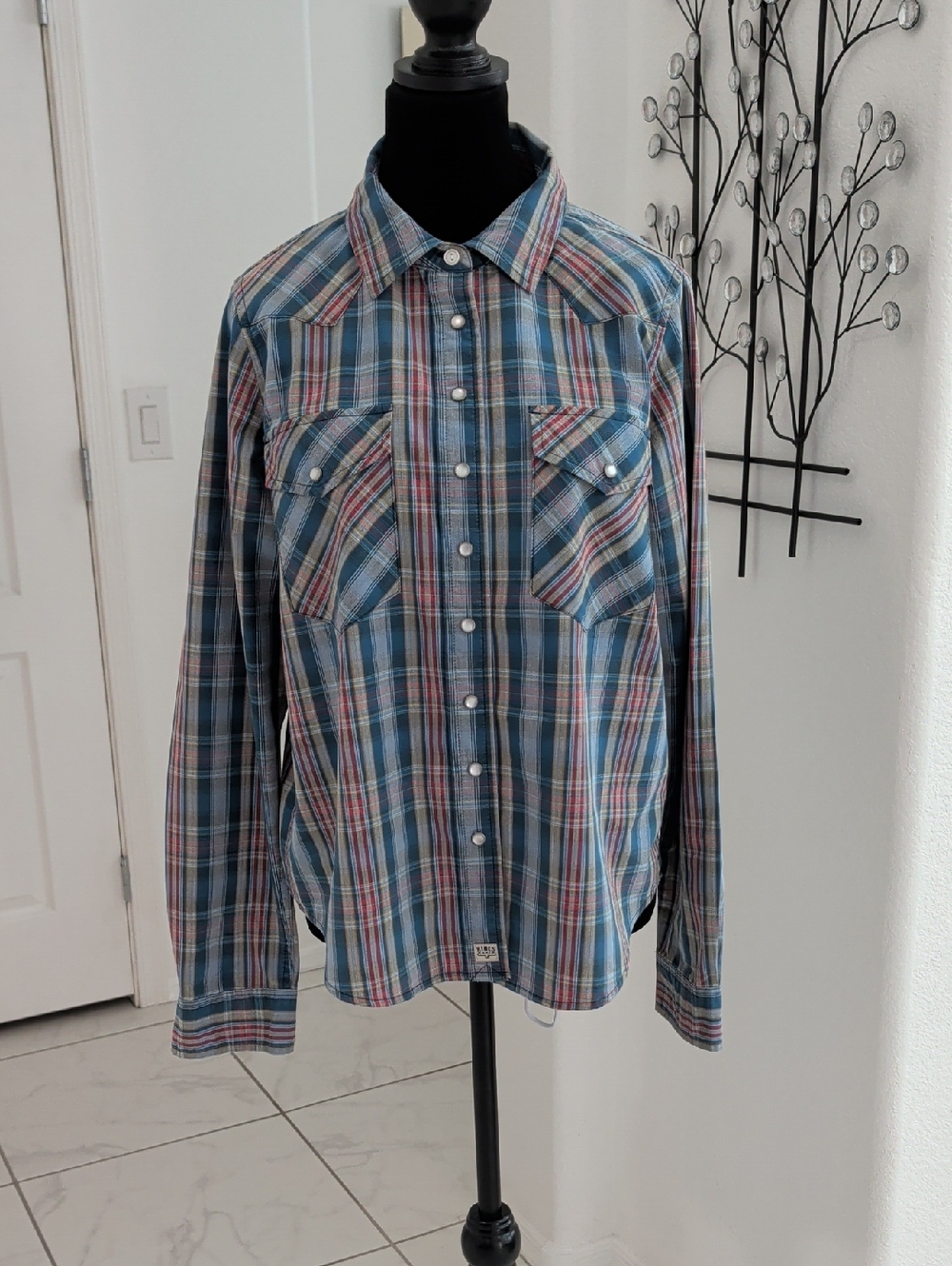 Kimes Ranch Pearl Snap Closure Plaid Long Sleeve Shirt S Like New Teal Blue